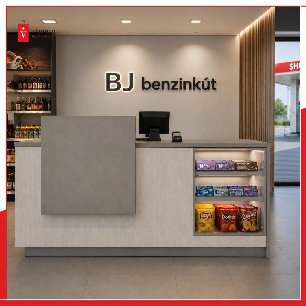 Egyedi &uuml;zleti b&uacute;tor l&aacute;tv&aacute;nyterve egy MOL Partner+ benzink&uacute;t shopj&aacute;hoz, pult, szekr&eacute;nyek &eacute;s polcok elrendez&eacute;se 2