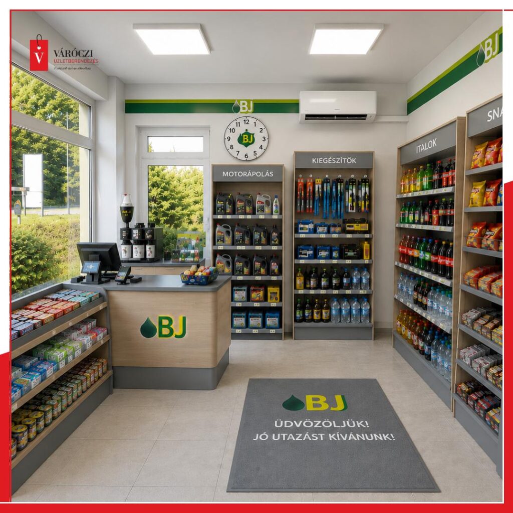 Egyedi &uuml;zleti b&uacute;tor l&aacute;tv&aacute;nyterve egy MOL Partner+ benzink&uacute;t shopj&aacute;hoz, pult, szekr&eacute;nyek &eacute;s polcok elrendez&eacute;se 1